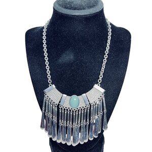 Silver Tone Statement Necklace W/Blue/Green Cabochon And Dangling Fringe (5533)